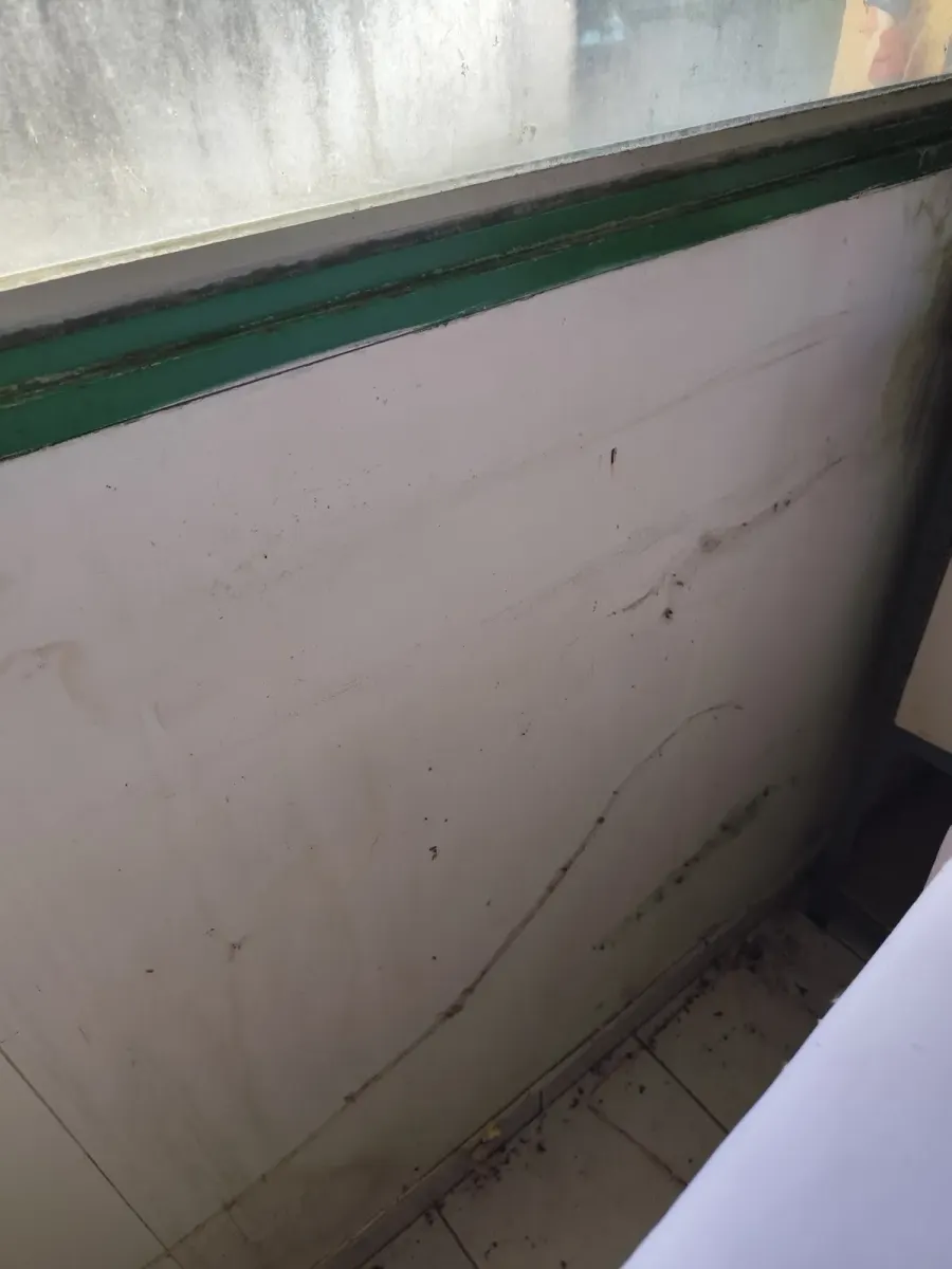 Le même mur de plus près : plaques de plâtre tachées et marquées, encadrement de fenêtre vert, carrelage au sol