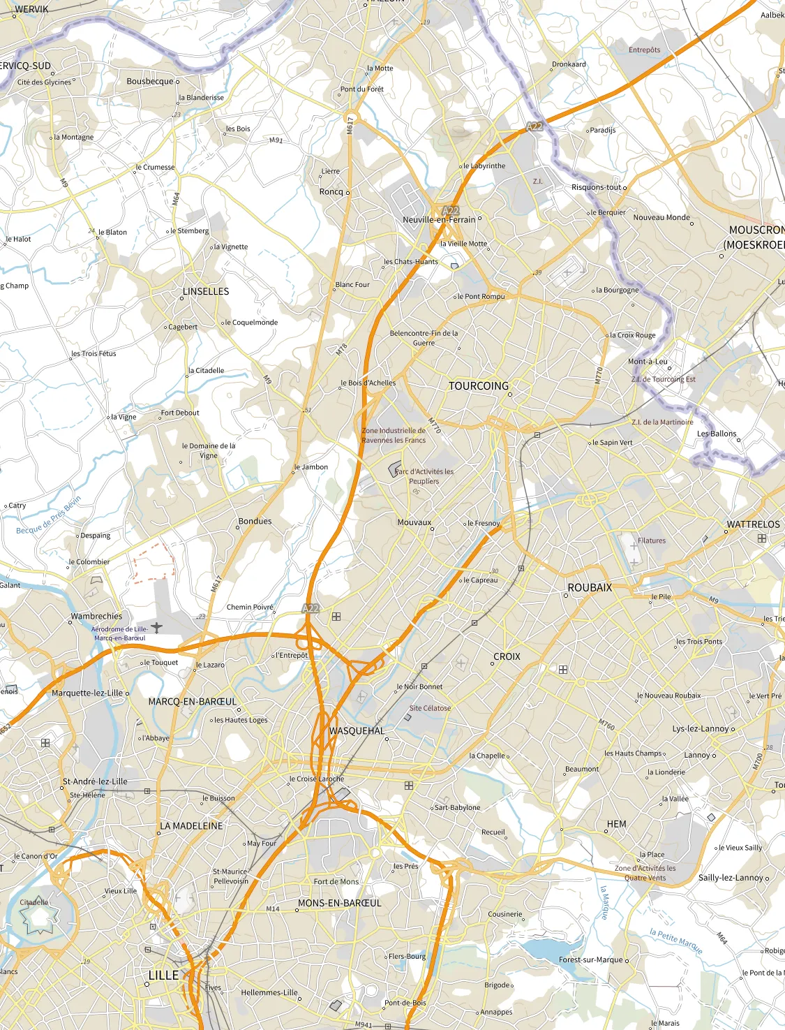 Carte de la zone d'intervention autour de Tourcoing : Tourcoing, Roubaix, Mouvaux, Wattrelos, Roncq, Neuville-en-Ferrain, Halluin, Bondues, Croix, Wasquehal, Marcq-en-Barœul, Lille.