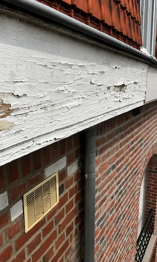 Bandeau de rive en bois sous la gouttière, peinture blanche écaillée et bois abîmé, au-dessus d’un mur de brique