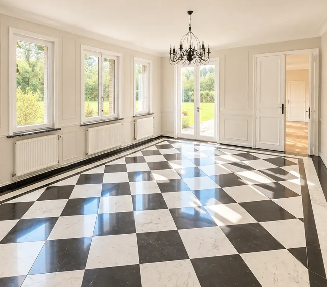 La même pièce après travaux : murs et soubassement à panneaux repris en blanc, fenêtres et portes repeintes en blanc